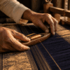 Banarasi saree weaver holding katan silk fabric to light in Varanasi workshop — zari threads visible in afternoon light