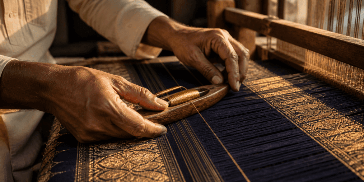 Banarasi saree weaver holding katan silk fabric to light in Varanasi workshop — zari threads visible in afternoon light