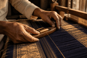 Banarasi saree weaver holding katan silk fabric to light in Varanasi workshop — zari threads visible in afternoon light