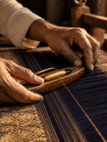 Banarasi saree weaver holding katan silk fabric to light in Varanasi workshop — zari threads visible in afternoon light