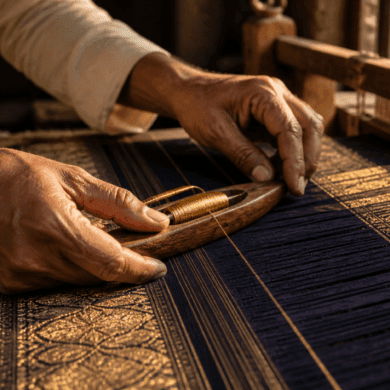 Banarasi saree weaver holding katan silk fabric to light in Varanasi workshop — zari threads visible in afternoon light