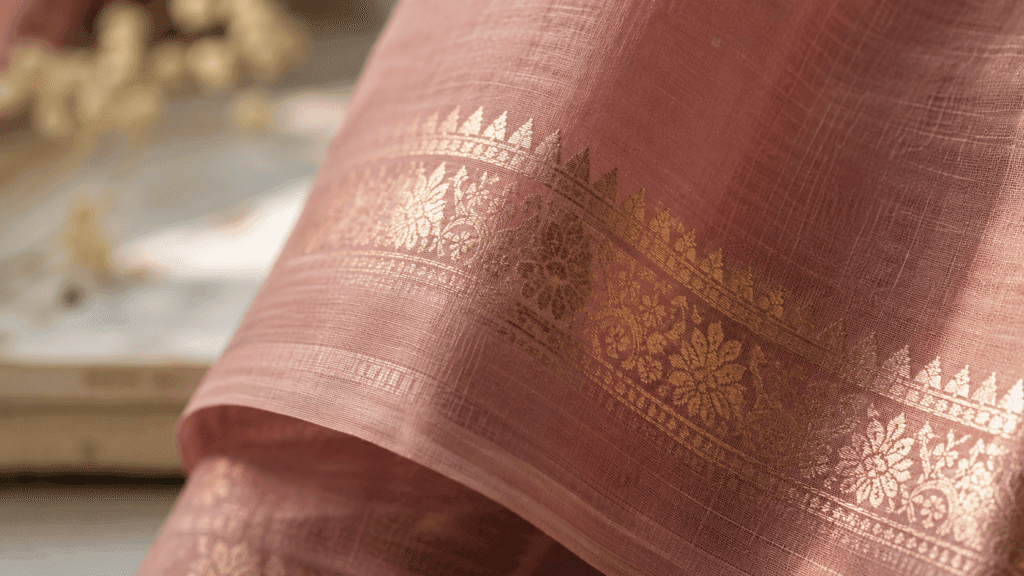 Close-up of Maheshwari saree border weave in dusty rose