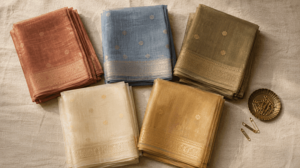 Flat-lay of five handloom sarees in earthy tones with gold safety pins