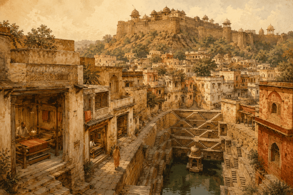 Illustration of Chanderi town in Madhya Pradesh showing ancient fort, stepwell, and weavers working at pit looms