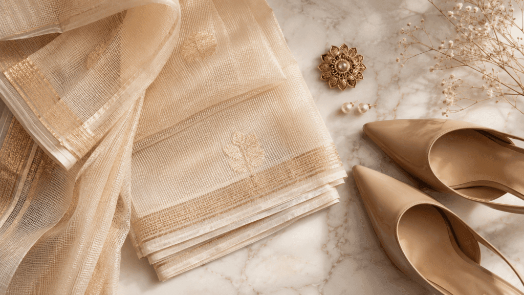 Kota Doria saree flat-lay with gold brooch, pearl earrings, and nude heels