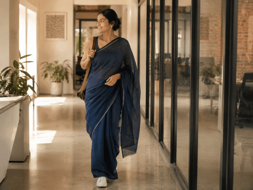 Woman in indigo linen saree with white sneakers walking through modern office corridor