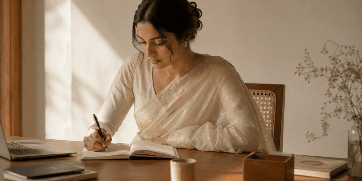 Woman wearing a pale ivory Chanderi cotton-silk saree at an office desk