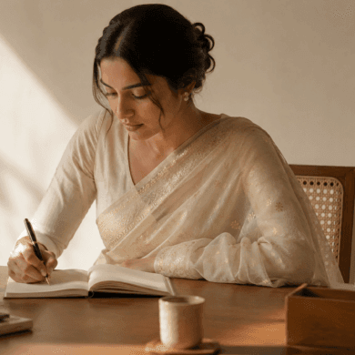Woman wearing a pale ivory Chanderi cotton-silk saree at an office desk