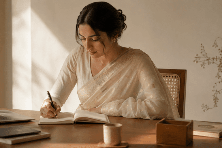Woman wearing a pale ivory Chanderi cotton-silk saree at an office desk
