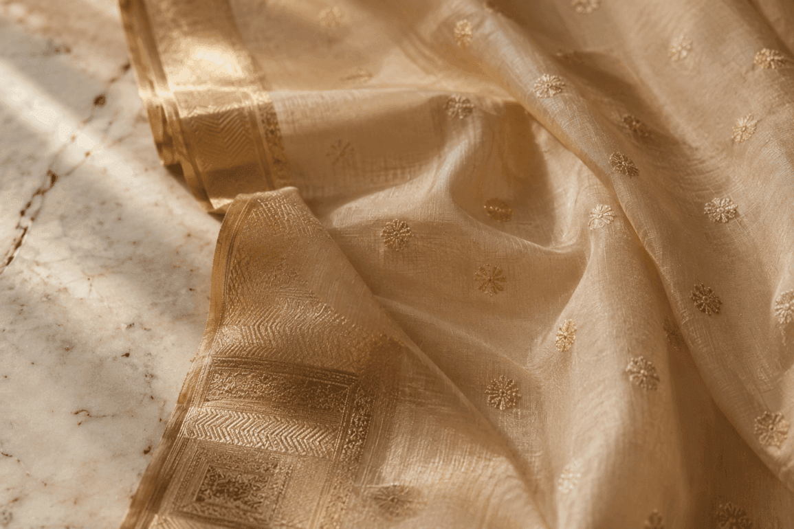 Pale gold Chanderi silk-cotton saree with zari border and floral butti motifs on white marble