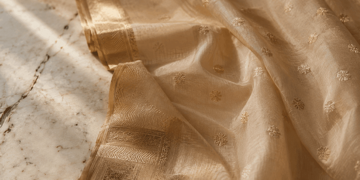 Pale gold Chanderi silk-cotton saree with zari border and floral butti motifs on white marble