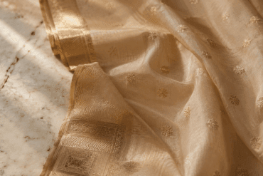 Pale gold Chanderi silk-cotton saree with zari border and floral butti motifs on white marble