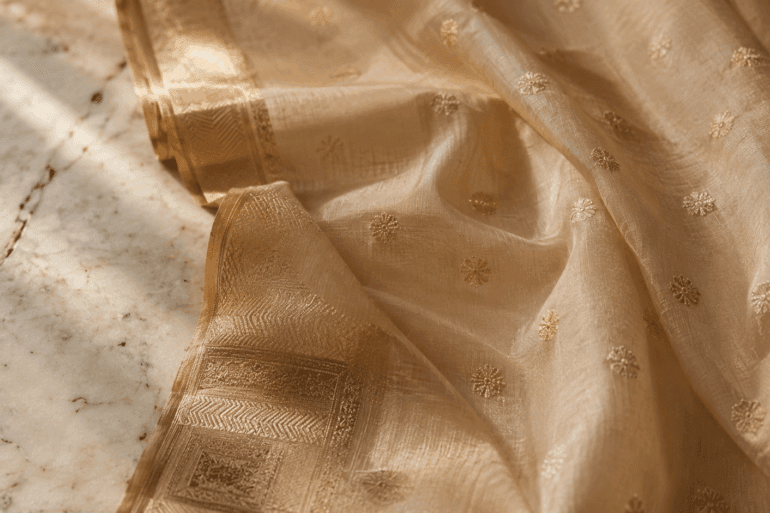 Pale gold Chanderi silk-cotton saree with zari border and floral butti motifs on white marble