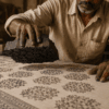 Ajrakh artisan block printing natural dye fabric in Kutch, Gujarat — traditional Ajrakh print process with carved wooden block