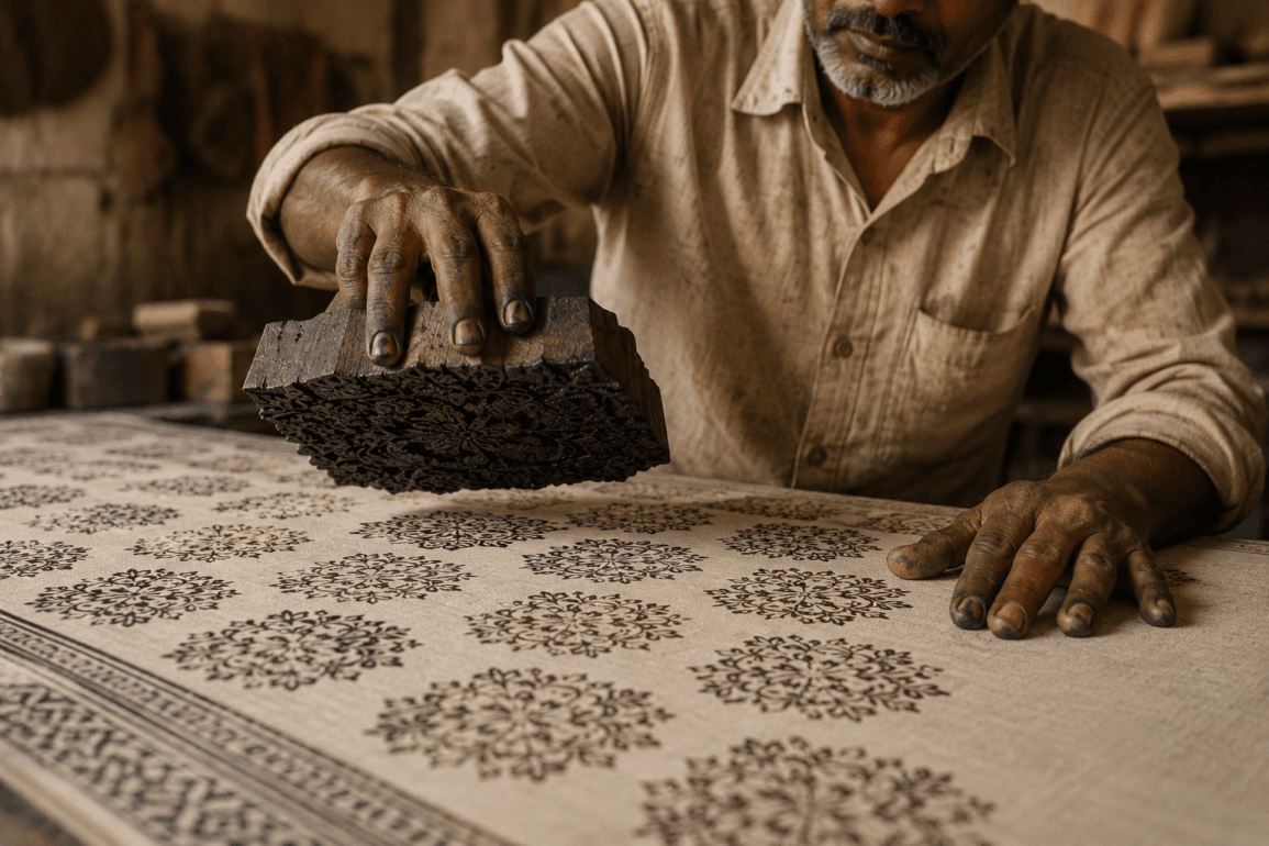 Ajrakh artisan block printing natural dye fabric in Kutch, Gujarat — traditional Ajrakh print process with carved wooden block