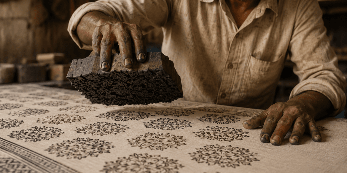 Ajrakh artisan block printing natural dye fabric in Kutch, Gujarat — traditional Ajrakh print process with carved wooden block
