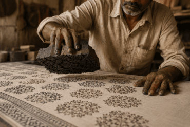 Ajrakh artisan block printing natural dye fabric in Kutch, Gujarat — traditional Ajrakh print process with carved wooden block