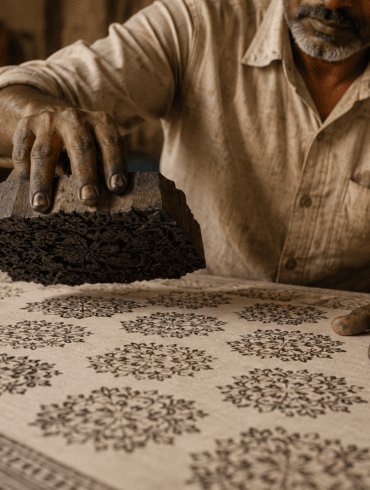 Ajrakh artisan block printing natural dye fabric in Kutch, Gujarat — traditional Ajrakh print process with carved wooden block