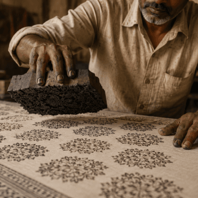 Ajrakh artisan block printing natural dye fabric in Kutch, Gujarat — traditional Ajrakh print process with carved wooden block