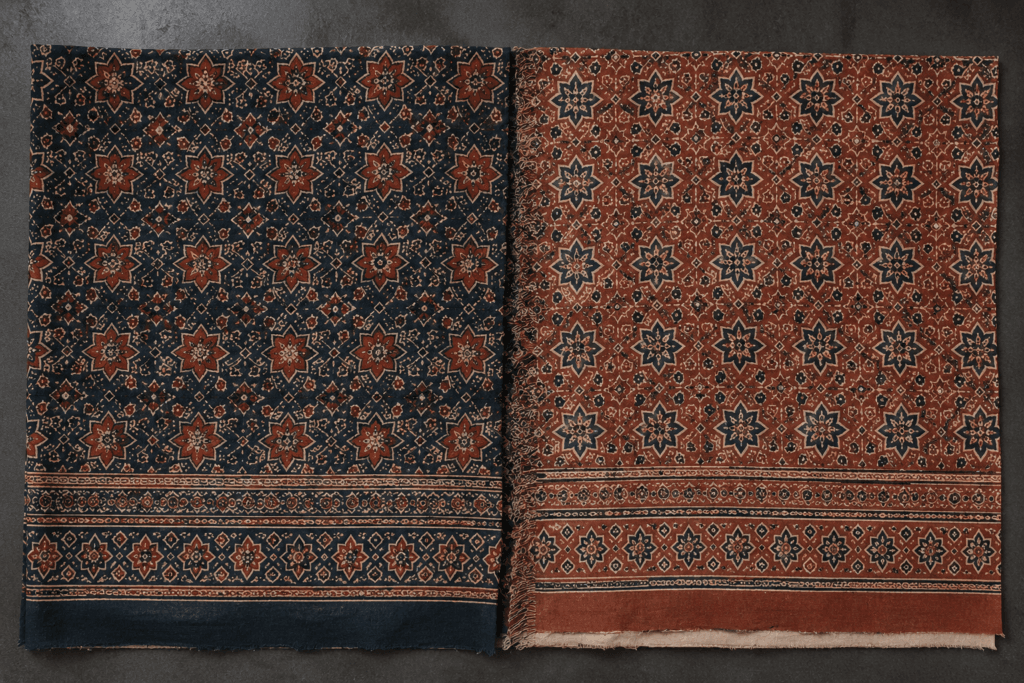 Inline comparison image for the "How to identify authentic Ajrakh" section — front vs. reverse flat lay, used to illustrate the primary authentication test. Authentic Ajrakh fabric front and reverse showing identical double-sided block print pattern — how to identify real Ajrakh print