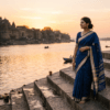 Maheshwari saree in indigo and gold worn on the Narmada ghats, Maheshwar, Madhya Pradesh