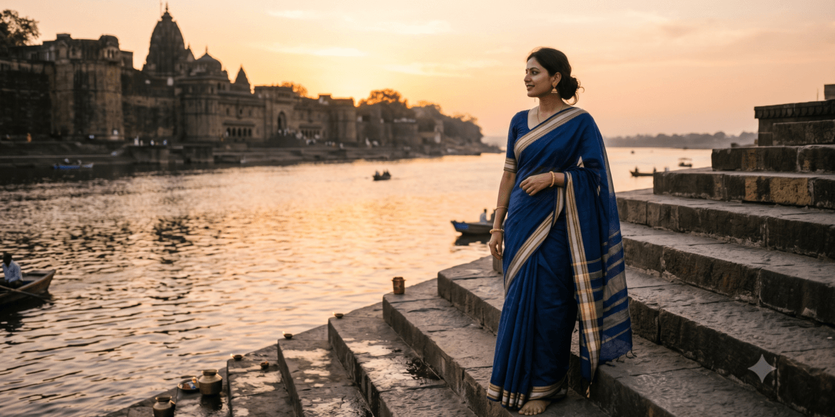 Maheshwari saree in indigo and gold worn on the Narmada ghats, Maheshwar, Madhya Pradesh