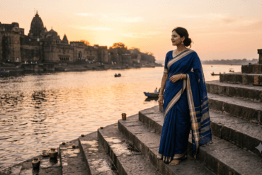 Maheshwari saree in indigo and gold worn on the Narmada ghats, Maheshwar, Madhya Pradesh