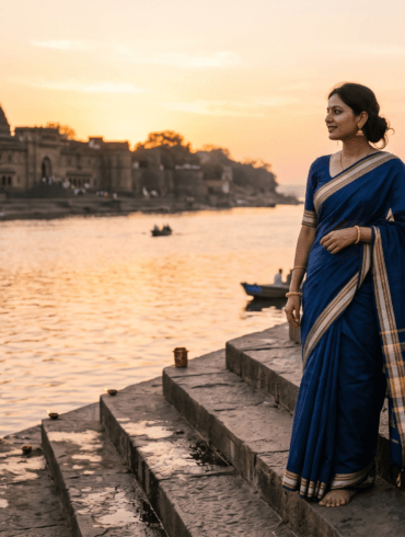 Maheshwari saree in indigo and gold worn on the Narmada ghats, Maheshwar, Madhya Pradesh