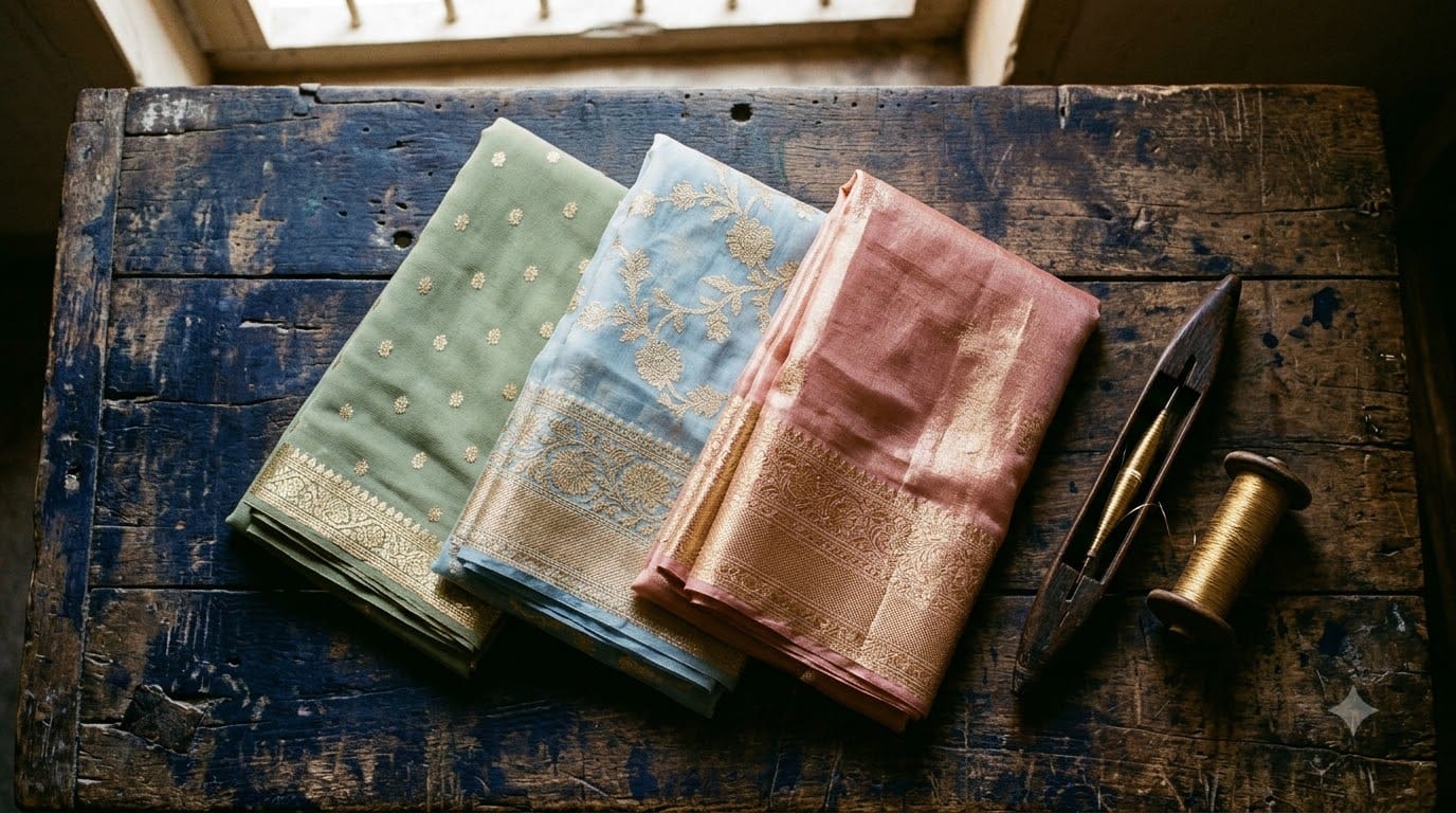 Lightweight Banarasi georgette, organza, and tissue sarees folded on a Varanasi loom