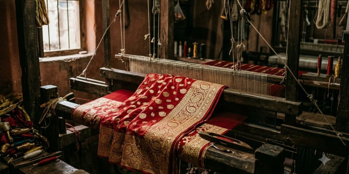 Bridal red Banarasi katan silk saree with gold zari on a wooden pit loom in Varanasi