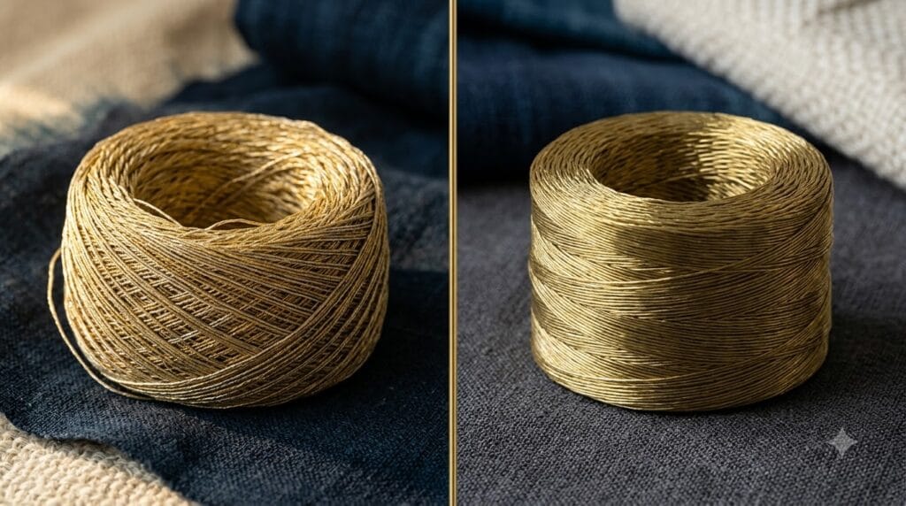 Real vs fake zari test — silver-gilt kalabattu thread beside painted imitation zari