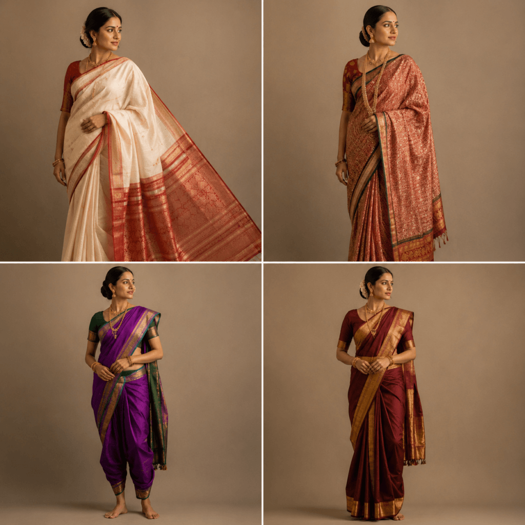 Four regional saree drape styles compared side by side — Bengali, Gujarati, Maharashtrian, and Tamil