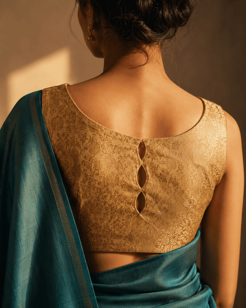 Gold brocade cutwork blouse back styled with a solid teal Maheshwari saree