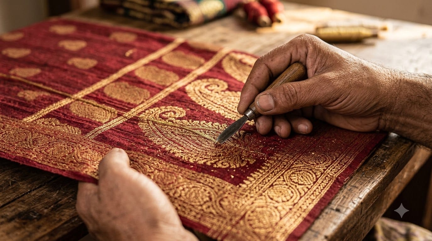 Hands scraping a gold zari thread on red silk to test real versus fake zari on a bridal saree
