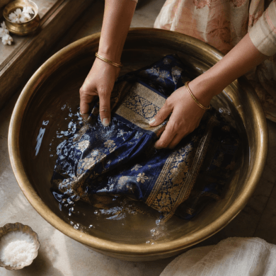 Hand-washing a silk saree in cold water at home