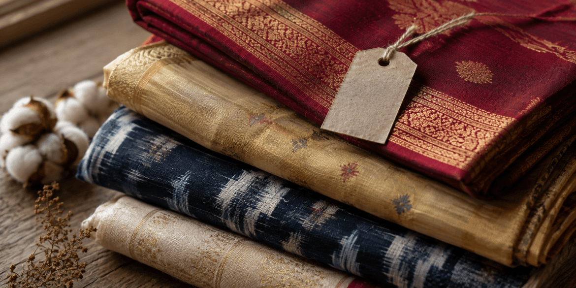 Stack of folded handloom sarees in different weaves for online buying guide