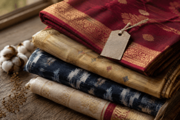 Stack of folded handloom sarees in different weaves for online buying guide