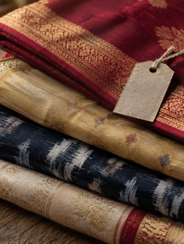 Stack of folded handloom sarees in different weaves for online buying guide