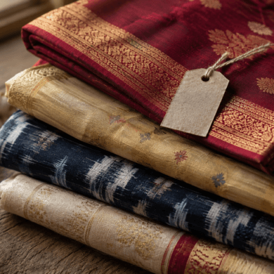 Stack of folded handloom sarees in different weaves for online buying guide