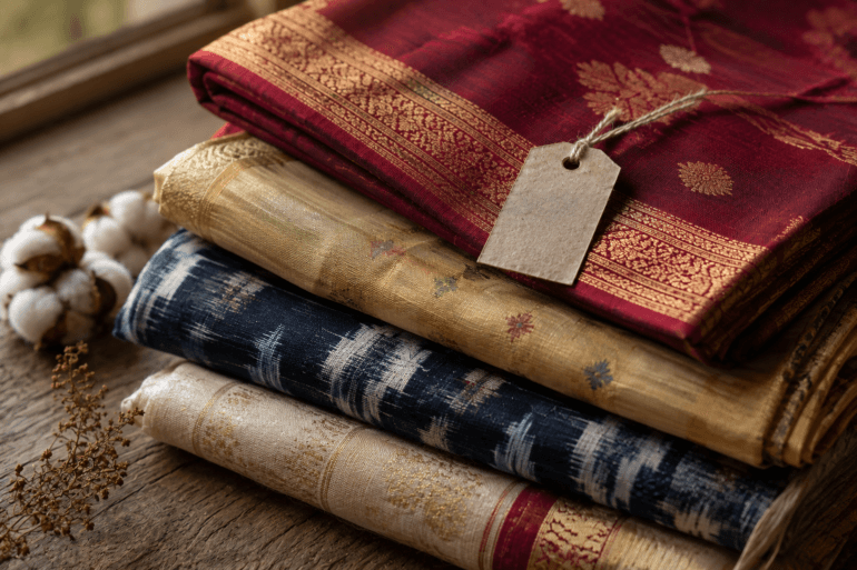 Stack of folded handloom sarees in different weaves for online buying guide