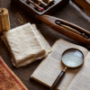 Weaver's table with zari thread, silk swatch and shuttle — Indian textile glossary