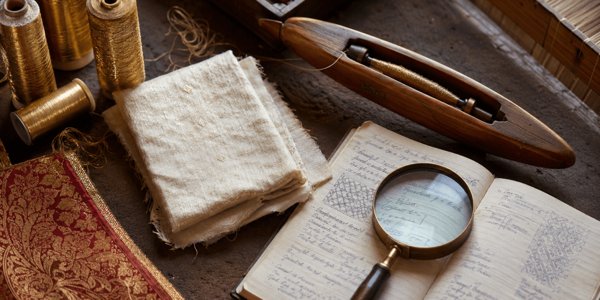 Weaver's table with zari thread, silk swatch and shuttle — Indian textile glossary