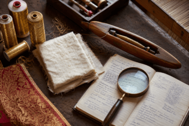 Weaver's table with zari thread, silk swatch and shuttle — Indian textile glossary