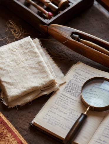 Weaver's table with zari thread, silk swatch and shuttle — Indian textile glossary