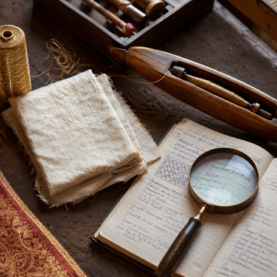 Weaver's table with zari thread, silk swatch and shuttle — Indian textile glossary