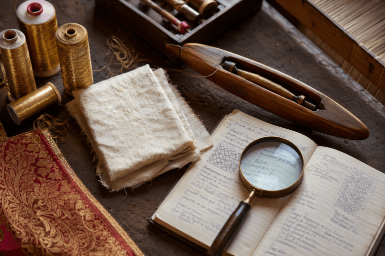Weaver's table with zari thread, silk swatch and shuttle — Indian textile glossary