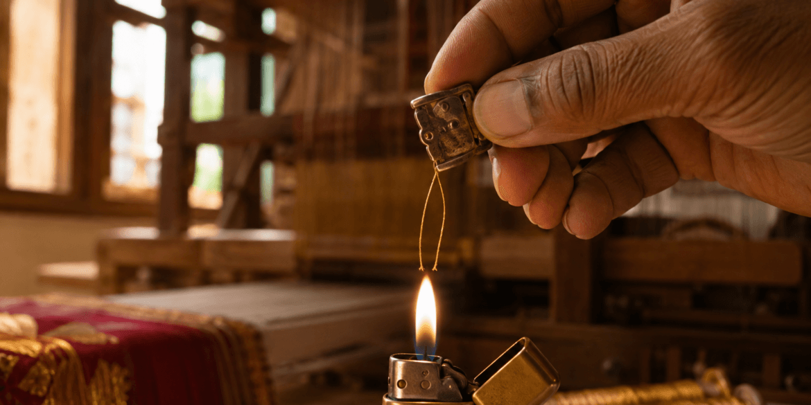 Silk burn test being performed on saree thread to check for pure silk authenticity