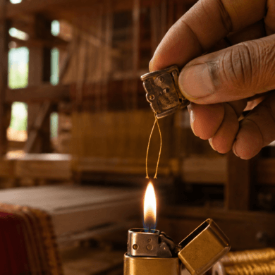 Silk burn test being performed on saree thread to check for pure silk authenticity