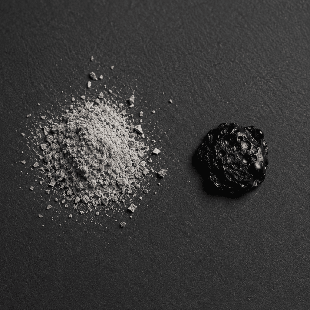 Split/comparison macro shot showing two small piles of ash side by side — fine grey crushable ash on the left labelled implicitly by context as pure silk, a small hard dark bead on the right implying synthetic — on a plain dark surface.