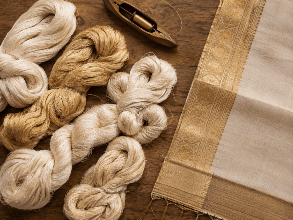 Raw silk yarn skeins beside handwoven saree border showing material cost
